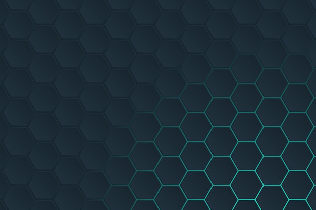 Blue hexagons background that is dark blue and has a green hexagon pattern with gradient backligh