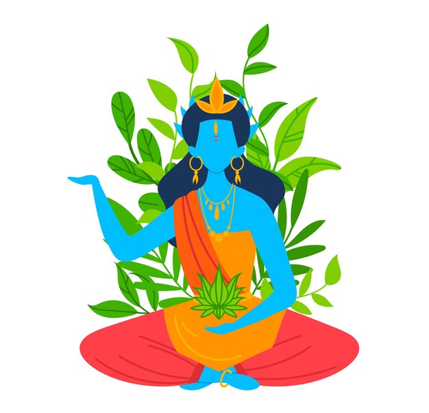 Vector blue hindu goddess with four arms sitting in lotus pose hindu deity in traditional attire surrounded