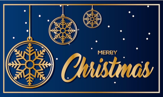 Синяя горизонтальная рождественская пригласительная открытка с елочными шарами. Векторная иллюстрация