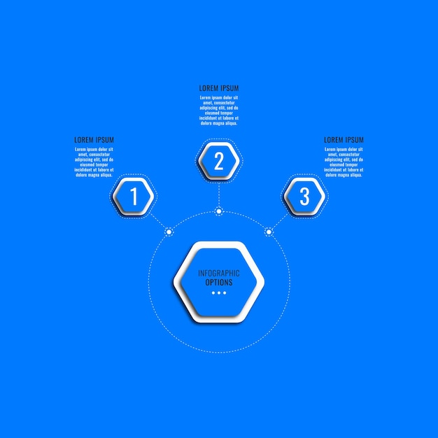 Blue horizontal infographic diagram template with three hexagonal elements and text boxes