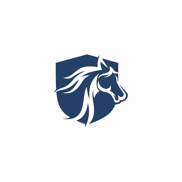 A blue horse logo with a white horse on a white background