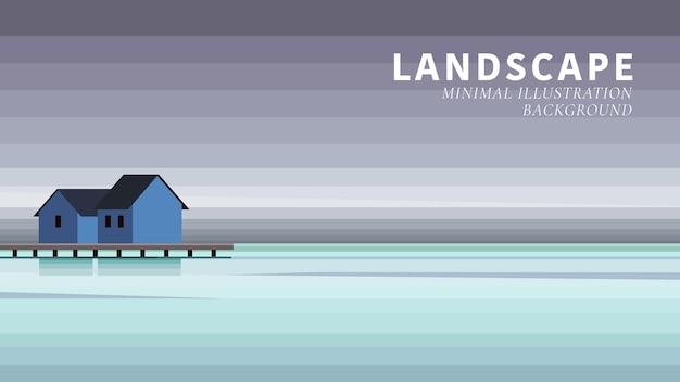 Vettore una casa blu su un molo con un cielo viola sullo sfondo.