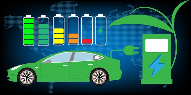 青い HUD 車インターフェイス プラグ アイコン シンボル、EV 車、緑のハイブリッド車の充電と電気自動車