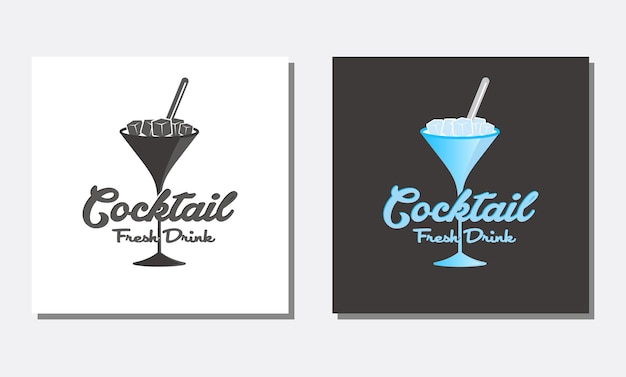 Blue ice cocktail in a glass logo design vector isolated on a black background