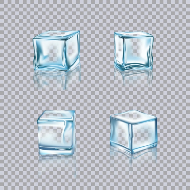 I cubetti di ghiaccio blu fissano l'acqua fresca congelata fredda in forma quadrata quattro blocchi di cristallo realistici per il frigorifero dei cocktail su sfondo trasparente