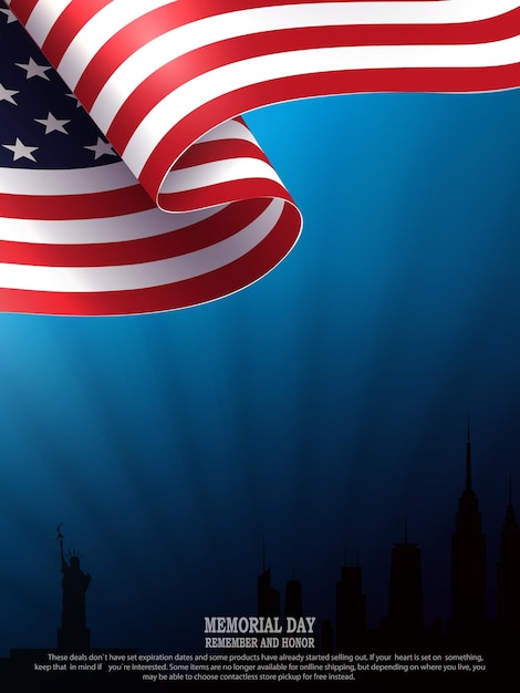 Blue illustration with usa flag silhouette bright rays of light design element