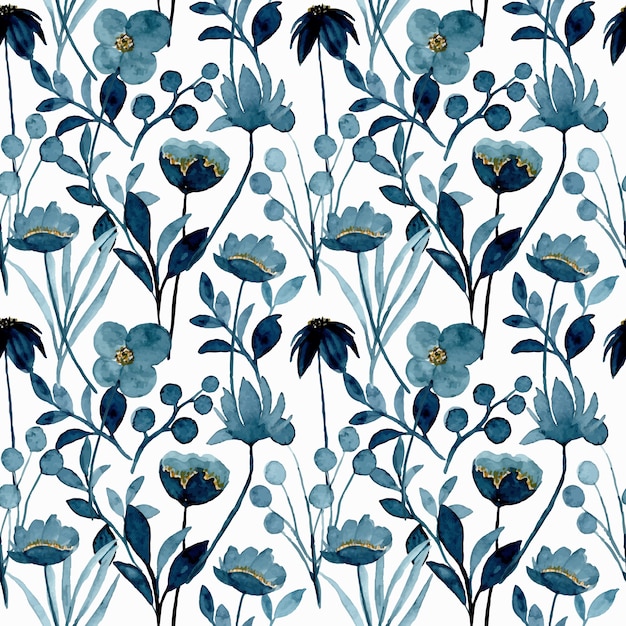 Blue indigo floral watercolor seamless pattern