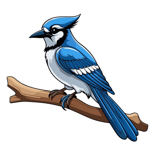 Vector blue jay bird on branch isolated on white background