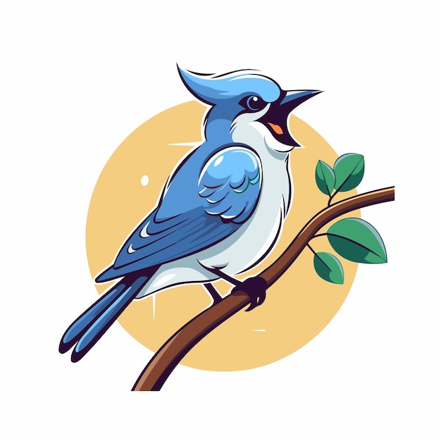 Blue jay bird sitting on a branch Vector illustration in cartoon style