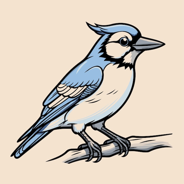 Blue jay bird sitting on a branch Vector illustration in cartoon style