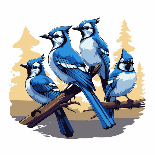 Vector blue jay birds sitting on a tree branch vector illustration