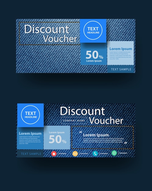 Vector blue jeans texture background with discount voucher layout template design