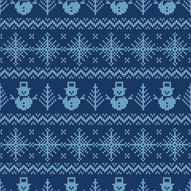 Blue knitted seamless pattern with snowmen and snowflakes.