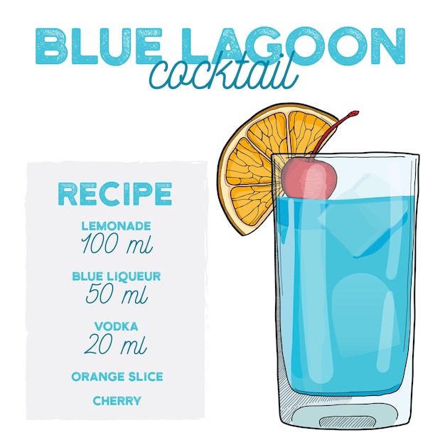 Vettore blue lagoon cocktail illustration ricetta bevanda con ingredienti