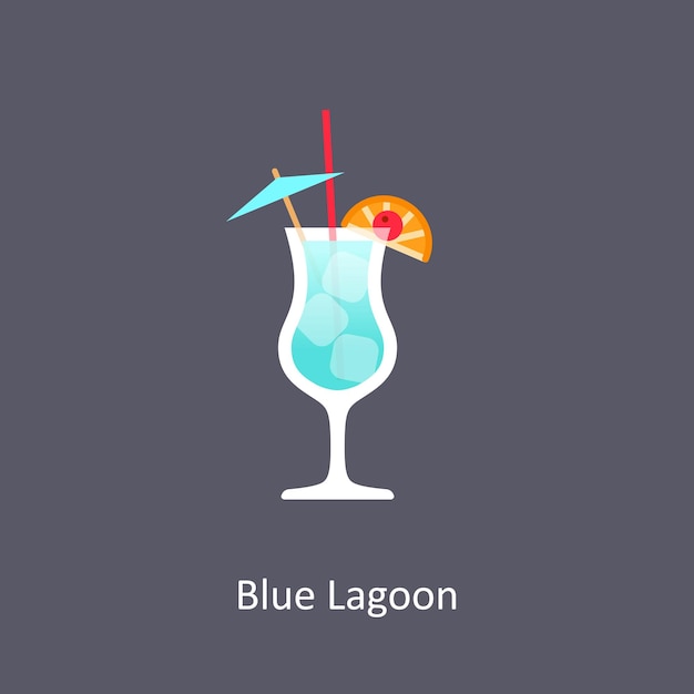 Blue Lagoon-cocktail op donkere achtergrond in vlakke stijl