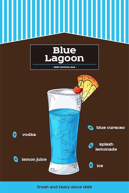 Blue lagoon-cocktailrecept met ingrediënten handgetekende illustratie in schetsstijl