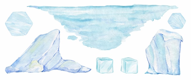 Blue landscape glaciers fragments ice watercolor set elements on a winter theme