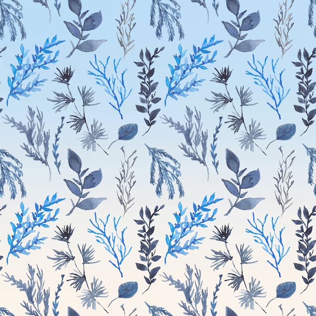 blue leaf flower watercolor seamless pattern