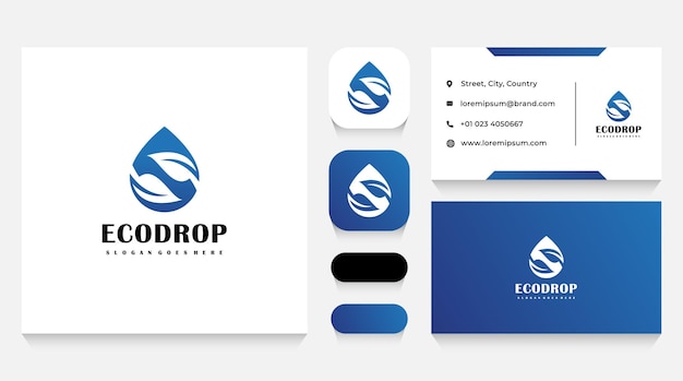 Blue leaves drop logo template and business card