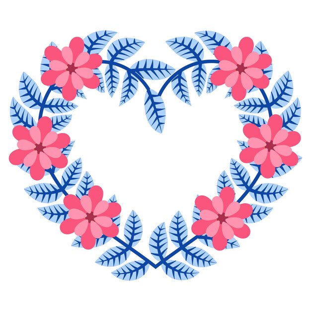 青い葉と花の心の形 ヴァレンタインデーカード ベクトルイラストフレーム 装飾用ヴィニエット