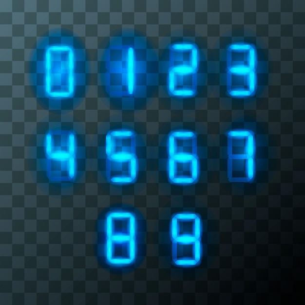 Numeri digitali vintage a led blu lettere tecniche retrò su sfondo trasparente