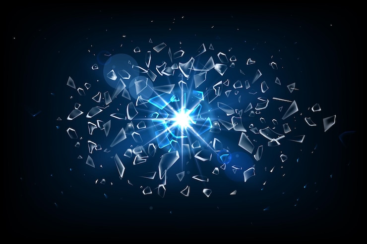 वेक्टर blue light shatter glass fragments broken shards blast explode 3d futuristic triangle shapes explosion debris sparkling fragile particles energetic flash vector abstract background