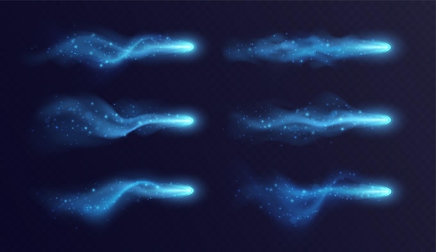 暗い背景ベクトル図に分離されたモーションでヘイズと輝きのリアルなファンタジー ゲーム vfx エフェクト コレクション スペル ブラストと青い光の道魔法のスターダスト