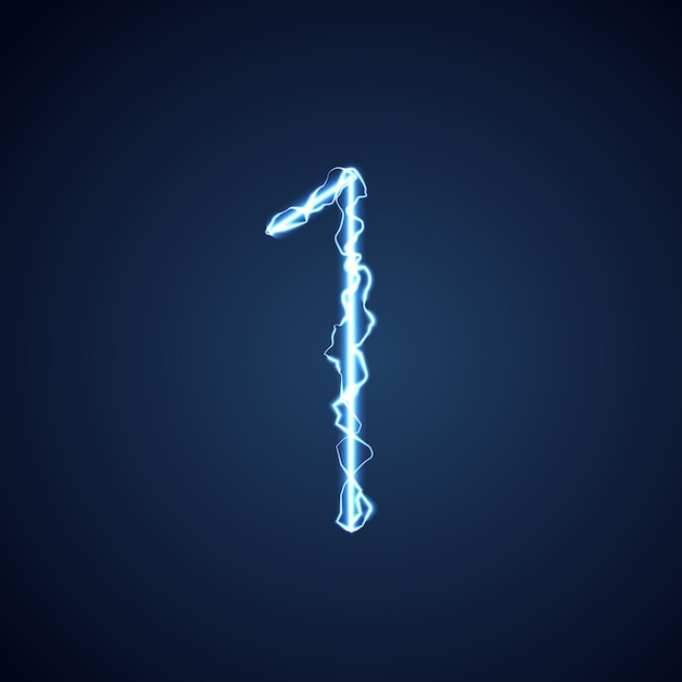 Синяя буква в стиле молнии или алфавит 1 молния и гром или электрический шрифт светятся и искрятся эффектом на синем фоне векторного дизайна