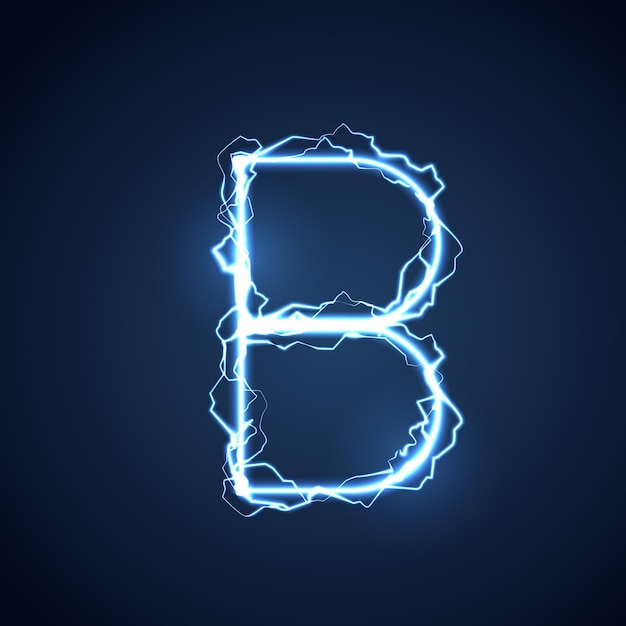 Blue lightning style letter or alphabet B lightning and thunder bolt or electric font glow and sparkle effect on blue background vector design