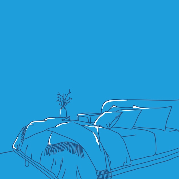 Blue line art illustration of a bed with two pillows