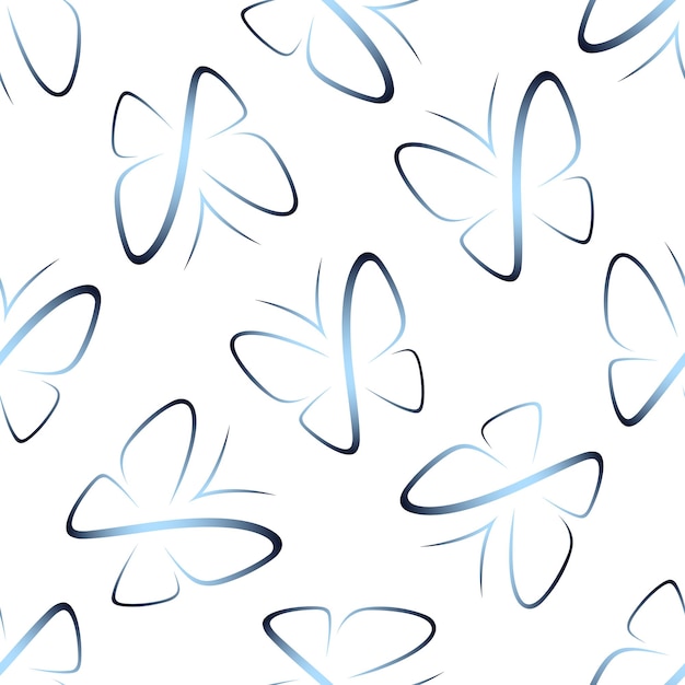 Blue line butterflies on white background Vector seamless pattern