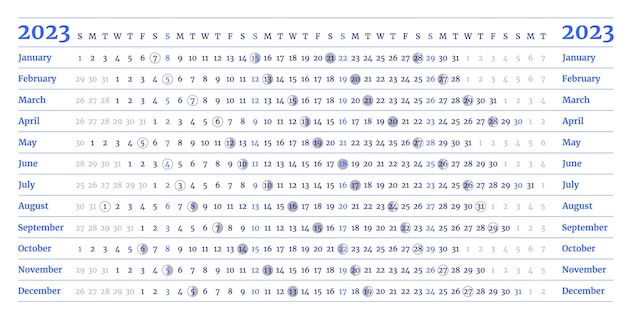 Blue linear calendar template for 2023 with moon phases
