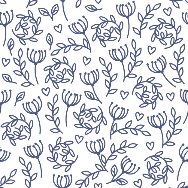 Blue linear flowers with leaves on a white background in spring seamless pattern