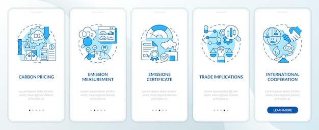 Blue linear icons representing carbon border adjustment mobile app screen set 5 steps graphic instructions UI UX GUI template