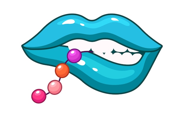 Blue lips with beads sexy female mouth colorful accessorise isolated fashion sticker for chat or messenger kiss vector patch