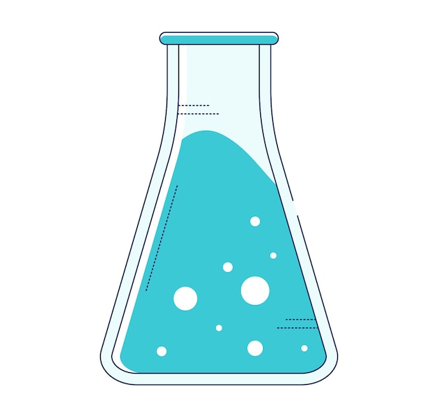 Blue liquid in clear erlenmeyer flask with bubbles laboratory glassware with chemical solution