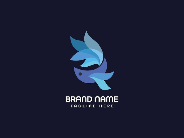 A blue logo with a fish and a fish on a dark background