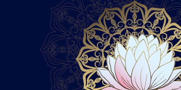 Vector blue luxury background with gold outline mandala and lotus background for greeting cards etc
