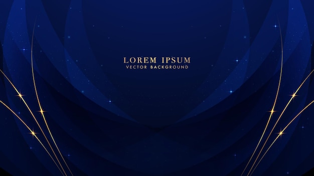 Blue luxury background with golden line blue curve shiny dots and glitter light effect