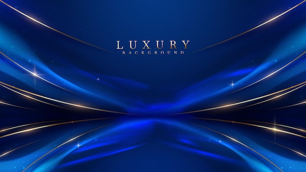 Blue luxury background with golden line decoration and curve light effect with bokeh elements