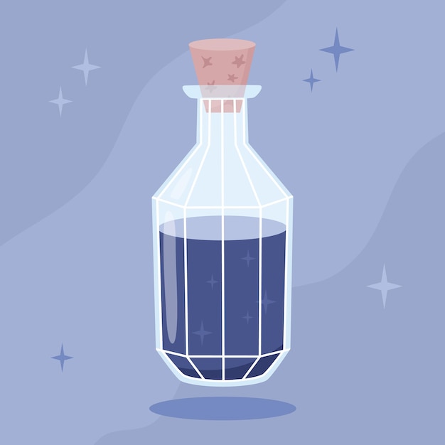 Blue magic potion in a glass bottle illustration in flat cartoon style Witchcraft Halloween