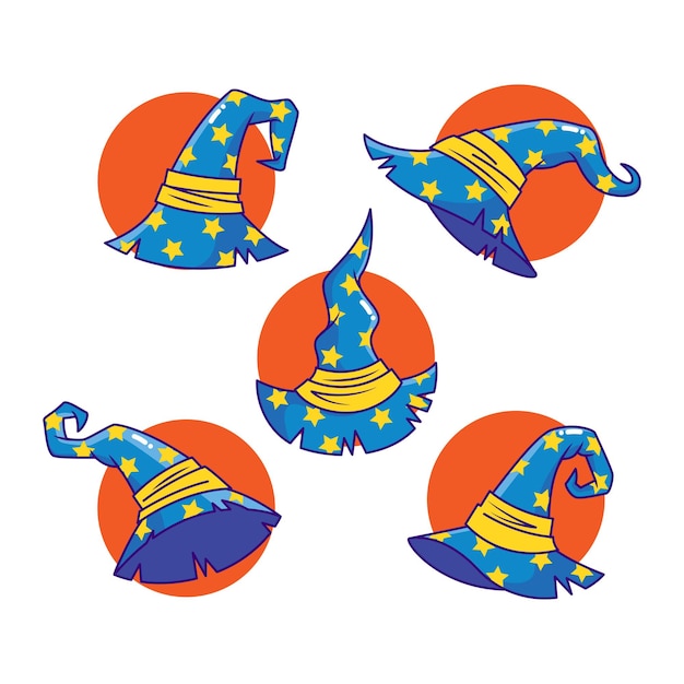 Vector blue magic wizard hat with yellow stars collection