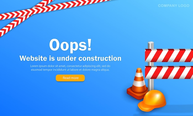 Blue maintenance website page with 3d traffic cones, helmet, warning line and striped roadblock.