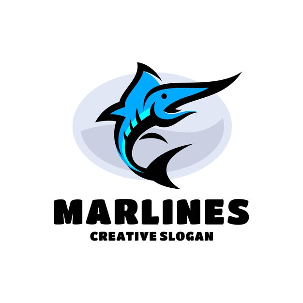 Modello di logo del personaggio di pesce marlin blu