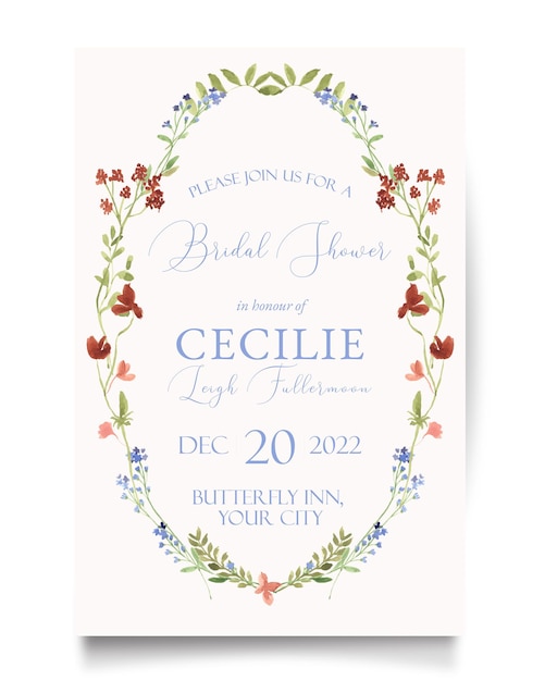 Blue and maroon midsummer wild flower with crest watercolor bridal shower invitation