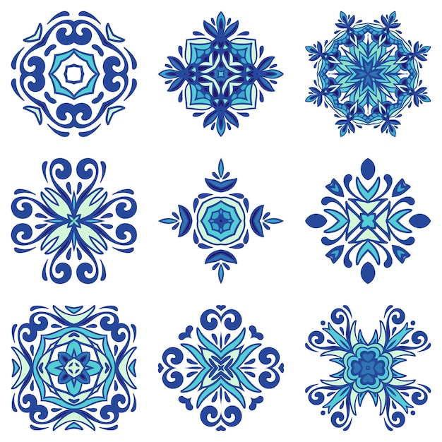 Blue mediterranean tiles collection. Set of ornament mandala art. bundle ceramic decor