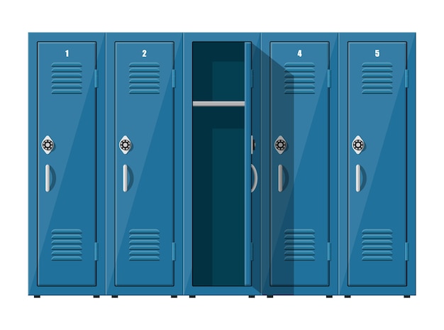 Vector blue metal cabinets. lockers in school or gym with silver handles and locks.