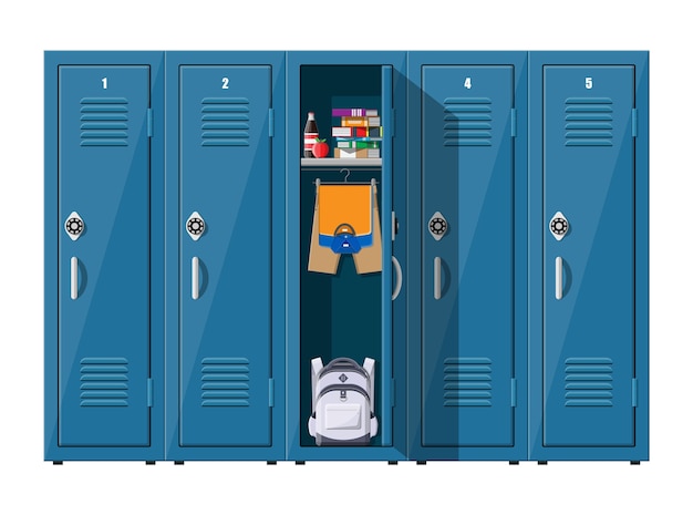 Blue metal cabinets. lockers in school with silver handles and locks.