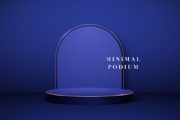 Vector blue minimalist podium with arch on dark blue background