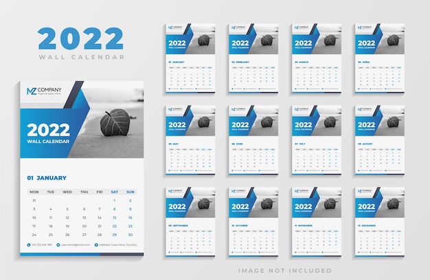 Modello di progettazione di calendario da parete moderno blu 2022